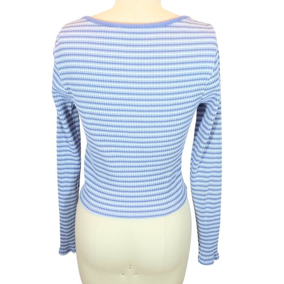 LEVIS Britt Slim Fit Cropped Striped Ribbed Pearl Snap Knit Top Size M Blue Y2K - Picture 3 of 6